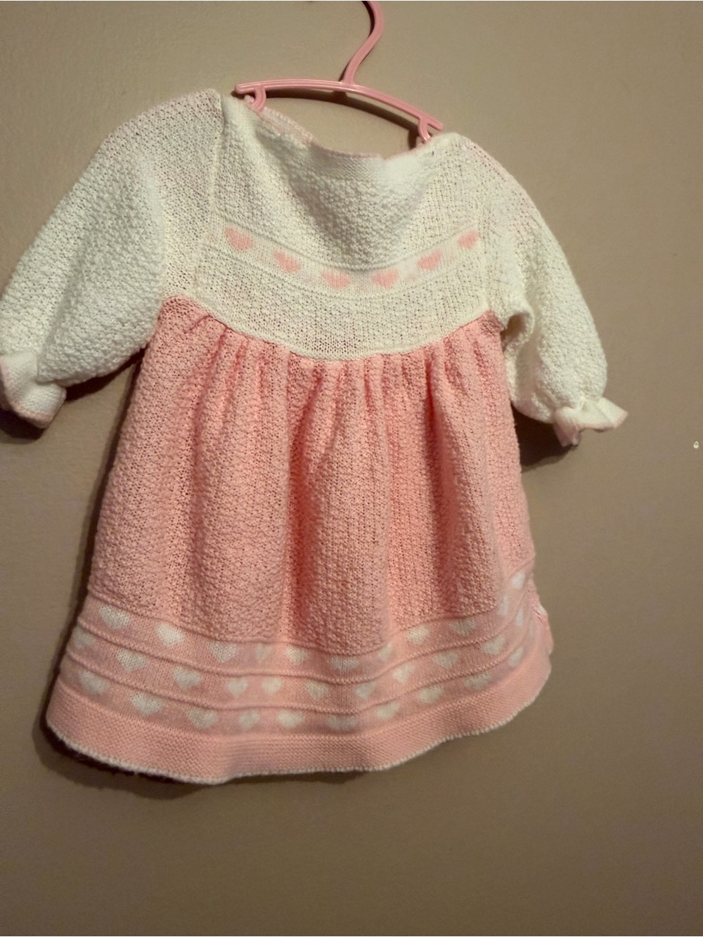 Vintage Baby Girls Pink and White Knit Heart Dress